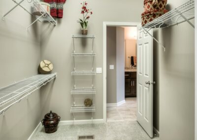 Walk in closet with wire shelves and decorations.